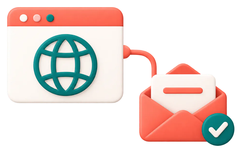 A web page with a globe, connected by a cable to an open coral envelope with a teal check mark.