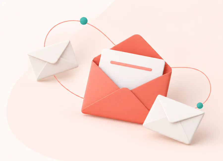 An open coral envelope holding a letter, between two white envelopes joined by a thin line.