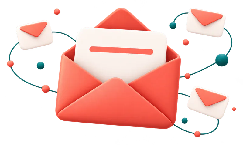 An open coral envelope holding a letter, with three small envelopes linked by thin lines.