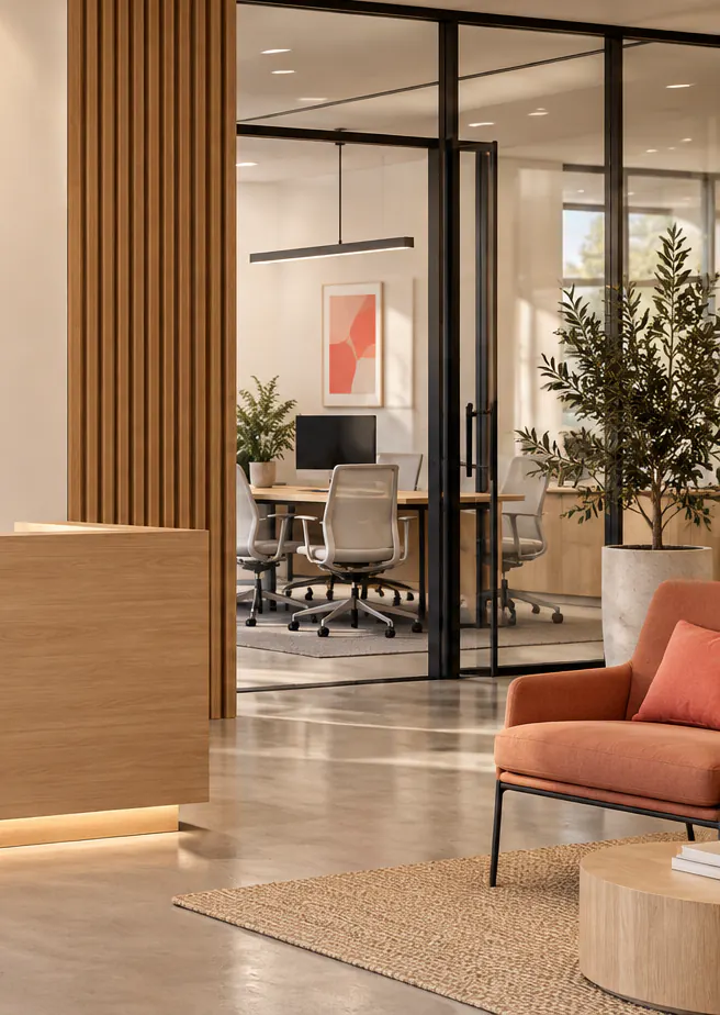 A small office in warm daylight: a glass-walled room with desks and chairs, plants and a coral armchair.